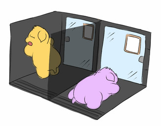 ambiguous_feral ambiguous_gender duo eyes_closed feral glass inside lying monotone_body neonate on_front on_hind_legs open_mouth pained_expression purple_body tail yellow_body young young_ambiguous young_feral carpdime fluffy_pony fluffy_pony_(species) mammal digital_media_(artwork)