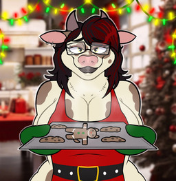 2_horns anthro apron baking_tray baubles big_breasts black_eyebrows black_hair black_lips breasts brown_horn brown_markings christmas_decorations christmas_lights christmas_tree cleavage closed_smile clothed clothed_anthro clothed_female clothing container cookie ear_piercing ear_ring eyebrows eyelashes eyewear female female_anthro food front_view fur fur_markings furniture gingerbread_cookie glasses green_clothing green_handwear green_oven_mitts hair half-closed_eyes handwear holding_baking_tray holidays horn inside jar kitchen light lips long_hair looking_at_viewer markings mouth_closed multicolored_hair narrowed_eyes outline oven_mitts photo_background piercing pink_inner_ear pink_nose plant rectangular_glasses red_apron red_clothing red_curtains red_hair ring_piercing shelf smile smiling_at_viewer solo standing steam string_lights table tablecloth tan_body tan_fur text thick_bottom_lip tree two_tone_hair white_outline window window_curtains yellow_eyes ractoons christmas meredith_(bovinebombshell) bovid bovine cattle mammal 2023 artist_name colored digital_drawing_(artwork) digital_media_(artwork) english_description half-length_portrait hi_res lighting photography_(artwork) portrait