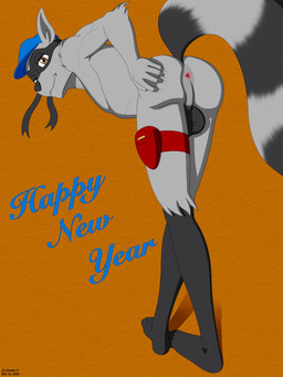 anthro anus balls bent_over butt clothing genitals hair hand_on_butt hat headgear headwear looking_at_viewer looking_back male nude presenting presenting_hindquarters simple_background smile solo spread_anus spread_butt spreading tail text dustin_c sly_cooper_(series) sony_corporation sony_interactive_entertainment sucker_punch_productions sly_cooper mammal procyonid raccoon 2025 3:4 digital_media_(artwork) hi_res