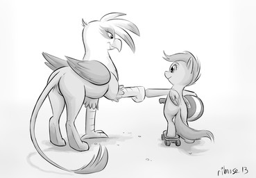 armor beak duo feathered_wings feathers female feral headgear helmet scooter simple_background tail white_background wings young young_feral ribnose friendship_is_magic hasbro my_little_pony mythology gilda_(mlp) scootaloo_(mlp) avian equid equine gryphon mammal mythological_avian mythological_creature mythological_equine pegasus 2013 greyscale monochrome source_request unavailable_at_source