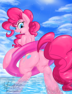 anthro anthrofied blue_eyes breasts butt cloud cutie_mark eyelashes female fur genitals hair happy looking_at_viewer nipples nude outside pink_body pink_fur pink_hair pool_float sky solo vulva water berndem-bones friendship_is_magic hasbro my_little_pony pinkie_pie_(mlp) earth_pony equid equine horse mammal pony 2014 hi_res