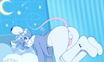 all_fours anthro anus backsack balls bed blush bottomless butt clothed clothing crescent_moon detailed_background eyewear femboy footwear furniture genitals glasses humanoid_genitalia humanoid_penis looking_at_viewer looking_back looking_back_at_viewer male moon night oversized_clothing oversized_sweater oversized_topwear penis perineum pillow rear_view socks solo star sweater topwear miu mammal mouse murid murine rodent 2024 restricted_palette
