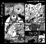 5_fingers angry anthro base_two_layout black_border border canid canine canis chow_chow clothed clothing comic controller cute_fangs dark_souls demon dialogue domestic_dog english_text eyebrows eyes_closed fingers four_frame_grid four_frame_image fromsoftware fully_clothed gab_(comic) gabshiba game_case game_controller game_parody gaming greyscale grid_layout group hammer holding_controller holding_game_controller holding_object horn japanese_text magic magic_user mammal media_case meme monochrome musical_note parody playing_video_game playstation playstation_4 playstation_controller playstation_logo regular_grid_layout robe sony_corporation sony_interactive_entertainment sound_effects speech_bubble spitz staff teeth text tools translated two_row_layout wang_chow whistling you_died_(meme)