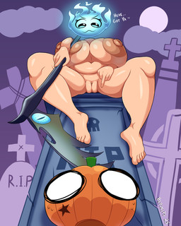 areola biped breasts cemetery dialogue duo eyelashes female fingers food for_a_head fruit genitals holding_melee_weapon holding_object holding_polearm holding_scythe holding_weapon melee_weapon moon night nipples not_furry nude outside plant polearm pumpkin pumpkin_head pupils scythe smile spread_legs spreading text thick_thighs tombstone vulva weapon bepinips humanoid object_head 4:5 absurd_res hi_res