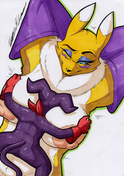 anthro areola big_breasts black_sclera breasts clothing duo female fur gloves handwear larger_female male male/female nipples raised_arm shortstack shortstack_male simple_background size_difference smaller_male white_body white_fur yellow_body yellow_fur rotten_owl bandai_namco digimon canid digimon_(species) impmon mammal renamon absurd_res hi_res