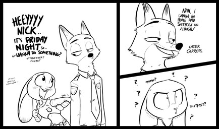 anthro female humor male question_mark shitpost simple_background text trash shoutingisfun 4chan disney zootopia judy_hopps nick_wilde canid canine fox lagomorph leporid mammal rabbit red_fox true_fox black_and_white comic english_text lol_comments meme monochrome