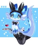 alcohol ambiguous_gender beverage blue_body bunny_costume cheek_tuft clothing container costume cup cute_fangs drinking_glass facial_tuft fake_ears fake_rabbit_ears fangs feral glass glass_container glass_cup green_eyes legwear multicolored_body plate simple_background solo stockings tail teeth tuft wine wine_glass murasakigezi mythology palworld pocketpair chillet dragon mythological_creature mythological_scalie pal_(species) scalie 2024 hi_res