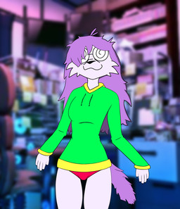 anthro cheek_tuft clothed clothing eyewear facial_tuft female glasses hair hoodie inside messy_hair odd_pose panties pantsless pose purple_body purple_hair red_clothing red_underwear solo tail tired tired_eyes topwear tuft underwear wearing_glasses fluffyv1 yona_(fluffyv1) canid canine mammal absurd_res hi_res