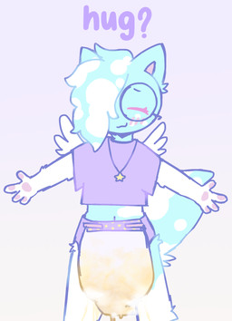 anthro blush bodily_fluids clothing crop_top diaper eyelashes eyewear feathered_wings feathers femboy fur genital_fluids glasses hair hair_over_eye hug jewelry leaking_diaper male multicolored_body multicolored_fur necklace shirt solo spread_arms topwear unclean_diaper urine used_diaper wet wet_diaper wetting wings guppyscollar stormi_clouds_(guppyscollar) felid feline mammal hi_res