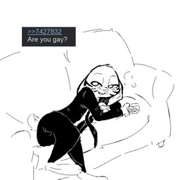 alcohol anthro beverage clothed clothing container cup drunk fur furniture half-closed_eyes lying male narrowed_eyes necktie seductive sofa solo substance_intoxication suit text replytoanons disney zootopia jack_savage lagomorph leporid mammal rabbit 1:1 2017 monochrome