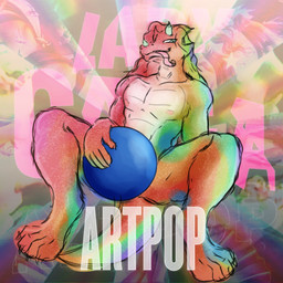 anthro ball covering covering_crotch covering_penis covering_self detailed_background feet full_body_view green_eyes hair horn lgbt_pride looking_at_viewer male multicolored_body multicolored_hair muscular nipples nude nude_male pop_art rainbow rainbow_body rainbow_hair raised_head reptilian_tail sitting solo spread_legs spreading tail text tongue tongue_out kaisitou14 artpop lady_gaga venus_(kaisitou14) chameleon lizard reptile scalie 1:1 album_cover cover hi_res