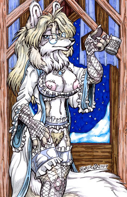 5_fingers anthro areola armwear biped blonde_hair breasts clothing eyewear female fingers fishnet_armwear fishnet_clothing fishnet_legwear fur glasses hair legwear lips nipples pubes round_glasses snow snowing solo standing tail white_body white_fur winter year fenrir_lunaris narvi canid canine canis mammal wolf 2009