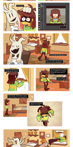 anthro bed brown_hair clothing computer defenestration dialogue electronics fur furniture green_clothing green_shirt green_topwear group hair horn inside male shirt text topwear trio white_body white_fur window akanemnon deltarune undertale undertale_(series) asriel_dreemurr chara_(undertale) kris_dreemurr bovid caprine goat human mammal 2025 absurd_res comic english_text hi_res nonbinary_(lore)