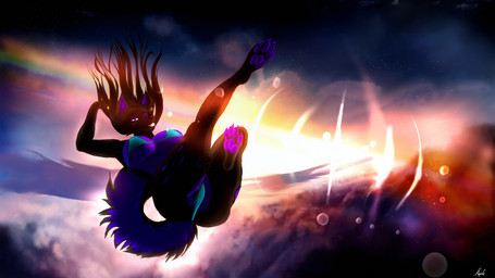 anthro big_breasts bikini breasts clothing cloud detailed_background falling female fire light sky solo sun swimwear thick_thighs two-piece_swimsuit under_boob wide_hips itsmapledoe felid feline mammal 16:9 hi_res widescreen