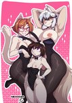 anthro big_breasts black_clothing black_leotard bow_tie breast_size_difference breasts brown_hair buckteeth bunny_costume camel_toe clothing costume eyewear fake_ears fake_rabbit_ears female footwear freckled_breasts freckled_face freckled_shoulders freckles fur glasses group hair high_heels leggings legwear leotard looking_at_viewer nipple_piercing nipple_slip nipples pantyhose piercing shirt_collar shoes size_difference small_breasts smile snaggle_tooth tail tan_body tan_fur teeth tight_clothing trio wearing_glasses white_hair fejess96 nexco_fgmb jessica_(fejess96) domestic_cat felid feline felis lagomorph leporid mammal rabbit absurd_res artist_collaboration hi_res