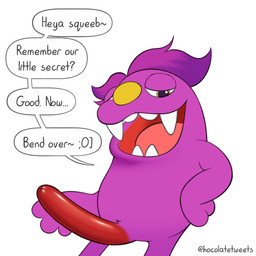 after_transformation big_penis big_teeth dialogue dominant erection food genital_growth genitals growth hair hand_on_hip holding_penis leaning leaning_sideways looking_at_viewer looking_down male meat open_mouth penis penis_growth sausage sharp_teeth smug solo speech_bubble teeth text tied_hair hocolatemilk bugsnax young_horses beffica_winklesnoot grumpus humanoid 1:1 absurd_res english_text hi_res