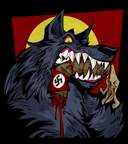ambiguous_gender angry blood bodily_fluids feral glare gore nazi nazi_armband political_cartoon politics severed_arm severed_body_part severed_limb sharp_teeth solo teeth tricolor_background gentlemonster canid canine canis mammal wolf