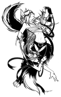 anthro bandage belt buckle dreadlocks duo male straps tail jaybee canid canine canis fox jackal mammal monochrome