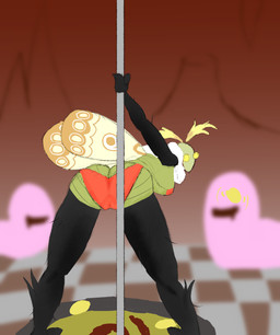 anthro bent_over blurred_background dancing female green_body looking_at_viewer looking_back looking_back_at_viewer neck_tuft pole pole_dancing solo stripper_pole tuft yellow_eyes luckyhomie cult_of_the_lamb massive_monster_(studio) stelle_(cult_of_the_lamb) arthropod insect lepidopteran moth hi_res