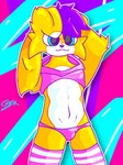 anthro belly bulge clothed clothing colorful_background crop_top femboy fur hair high_thighs male panties purple_hair shirt shirtless slim solo topwear underwear white_body white_fur yellow_body yellow_fur bartisthedoggie bartis_(bartisthedoggie) canid canine canis domestic_dog mammal 3:4 bust_portrait cel_shading portrait shaded signature