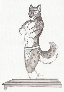 anthro athletic athletic_anthro athletic_male clothed clothing gloves_(marking) head_tuft jockstrap leg_markings looking_at_viewer male male_anthro markings mouth_closed narrowed_eyes simple_background socks_(marking) solo spots spotted_arms spotted_legs spotted_markings spotted_tail standing tail tail_markings topless tuft underwear hufnaar canid canine mammal 2019 dated hi_res monochrome sketch