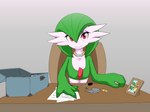 female furniture looking_at_viewer office solo table vulapa nintendo pokemon camille fan_character gardevoir generation_3_pokemon pokemon_(species) hi_res