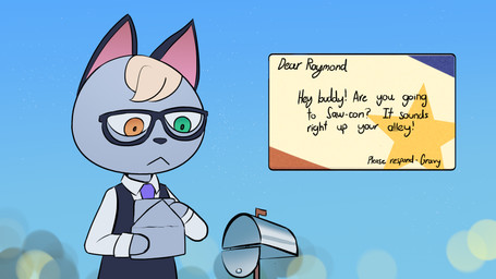 anthro black_clothing black_nose black_topwear black_vest blonde_hair clothing front_view frown fur green_eyes grey_body grey_fur hair heterochromia holding_envelope holding_letter looking_down mailbox male necktie outside pink_inner_ear pupils purple_necktie shirt solo text topwear vest white_clothing white_shirt white_topwear yellow_eyes icantseehelp animal_crossing nintendo raymond_(animal_crossing) domestic_cat felid feline felis mammal 16:9 2025 english_text hi_res meme widescreen