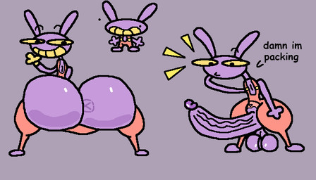 anthro anus balls big_balls big_butt big_penis butt clothed clothing dialogue eyebrows genitals gesture glistening glistening_balls glistening_body glistening_butt glistening_genitalia gloves hand_behind_head handwear huge_butt huge_penis looking_at_genitalia looking_at_penis looking_at_self looking_at_viewer looking_back looking_down male overalls partially_clothed penis penis_tip pink_clothing presenting presenting_hindquarters pupils purple_body rabbit_ears simple_background smile solo standing surprised talking_to_self teeth text thick_thighs torn_clothing vein veiny_penis waving waving_at_viewer yellow_sclera yellow_teeth nxyitn glitch_productions the_amazing_digital_circus jax_(tadc) lagomorph leporid mammal rabbit 7:4 english_text