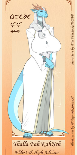 accessory anthro big_breasts blue_body blue_eyes blue_skin bracelet breasts claws clothed clothing dress female grey_hair hair hair_accessory horn huge_breasts jewelry long_hair multicolored_body nails necklace non-mammal_breasts solo standing tail text two_tone_body vagnerdesouzas7 mythology thalla_(wsad) dragon mythological_creature mythological_scalie reptile scalie english_text hi_res model_sheet