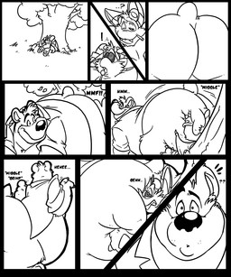 against_natural_surface against_surface against_tree anthro big_butt bottomless bottomwear butt candy clothed clothing dessert duo exclamation_point food huge_butt lollipop male overweight overweight_male pants pants_only pinned_by_butt plant question_mark shirt shirt_only size_difference sound_effects text topless topwear topwear_only tree c-trigger crytus_(character) bat bear mammal 5:6 comic digital_media_(artwork) hi_res monochrome