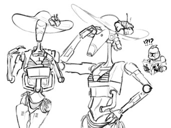 bikini clothing duo female hand_on_hip interrobang machine not_furry side-tie_bikini simple_background string_bikini sunset swimwear two-piece_swimsuit clonelover420 star_wars clone_trooper b1_battle_droid battle_droid humanoid robot 2025 hi_res monochrome sketch