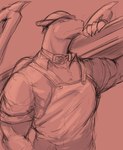 anthro armor carrying_another clothed clothing construction_worker eyewear focused goggles goggles_around_neck hard_hat headgear helmet horn male muscular salmon_background shoulder_carry solo steel_beam wings pandottermon nintendo pokemon charizard generation_1_pokemon pokemon_(species) hi_res