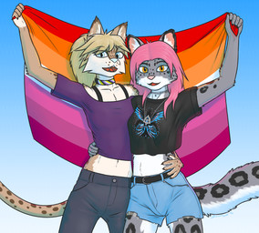 anthro bottomwear cargo_pants choker clothed clothing collar crop_top duo female flag flag_(object) fur hair hand_on_side happy holding_flag holding_object jewelry lesbian_pride_colors lgbt_pride markings necklace nonbinary_pride_colors open_mouth pants ponytail pride_colors print_clothing print_shirt print_t-shirt print_topwear shirt shorts simple_background smile spots t-shirt tail therian_symbol topwear dawnlux lgbt_pride_month ane_(anetxuu) koko_(exoskye) cheetah felid feline mammal pantherine snow_leopard hi_res shaded nonbinary_(lore)