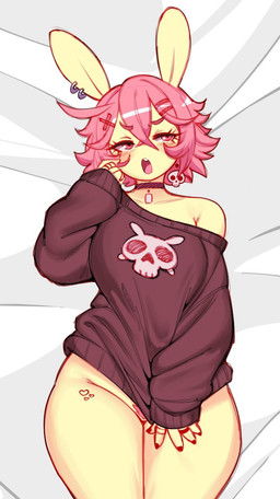 accessory blush bottomless breasts buckteeth choker clothed clothing clothing_pull dakimakura ear_piercing eyelashes female finger_to_cheek fur hair hair_accessory heart_symbol jewelry messy_hair necklace off_shoulder open_mouth piercing pink_hair pubes red_eyes ring skull_accessory skull_ear_ring solo sweater sweater_only teeth thick_thighs topwear topwear_only topwear_pull yellow_body yellow_fur mochabaebae tebu_(mochabaebae) lagomorph leporid mammal rabbit dakimakura_design hi_res