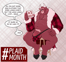 2_horns 5_fingers anthro balls barazoku beard belly belly_hair big_balls big_penis biped black_hooves black_nose body_hair bulge chair chest_hair chest_tuft clothed clothed_anthro clothed_male clothing container covered_eyes cup dialogue erection erection_under_clothing eyebrows facial_hair fingers fur furniture genitals hairy hand_on_leg hand_on_own_leg hand_on_own_thigh hand_on_thigh hashtag holding_coffee_mug holding_container holding_cup holding_mug holding_object hooves horn humanoid_hands ineffective_clothing ineffective_jockstrap ineffective_underwear inner_ear_fluff jockstrap male male_anthro manly mature_anthro mature_male mug musclegut muscular muscular_anthro muscular_male mustache navel on_chair open_clothing open_mouth open_robe open_smile overweight overweight_anthro overweight_male pantsless pantsless_anthro pantsless_male pattern_background pattern_clothing pattern_jockstrap pattern_underwear penis penis_base plaid plaid_clothing plaid_jockstrap plaid_robe plaid_underwear pubes red_body red_clothing red_fur red_jockstrap red_robe red_underwear robe shirtless_anthro shirtless_male simple_background sitting sitting_on_chair smile solo speech_bubble teeth text text_on_mug thick_eyebrows three-quarter_view tuft underwear unguligrade vein veiny_penis white_beard white_eyebrows white_facial_hair white_horn white_inner_ear_fluff white_mustache white_pubes dullaram vulto_(dullaram) bovid bovine cattle mammal digital_media_(artwork) english_text full-length_portrait hi_res portrait