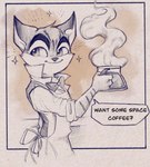 anthro apron beverage bow_tie clothed clothed_anthro clothed_male clothing coffee coffee_pot dialogue eyebrows fully_clothed fully_clothed_anthro fully_clothed_male fur male male_anthro rolled_up_sleeves shirt smile solo sparkles speech_bubble steam striped_arms striped_body striped_fur stripes text topwear 666calistaxx_(artist) lackadaisy rocky_rickaby domestic_cat felid feline felis mammal 2023 digital_drawing_(artwork) digital_media_(artwork) english_text hi_res