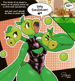 3_heads big_butt blush blush_lines bodily_fluids breasts building butt cat_smile cleavage_cutout clothing comic_panel covering covering_face cutout detailed_background dialogue door duo embarrassed eyebrows eyelashes female female/female flower fupa gesture glistening glistening_body glistening_clothing gradient_background grass green_body green_pupils greeting halftone_background halftone_shading happy heart_symbol house lamp lantern latex latex_clothing lawn_mower leaf leaf_arms leaf_hair leotard lips long_eyelashes long_neck multi_head navel_outline nervous one_eye_obstructed open_mouth orange_background outline pattern_background petals plant plant_hair plant_pot pseudo_hair pupils red_background scenery scut_tail short_tail simple_background slim small_breasts small_eyebrows small_waist smile speech_bubble sweat sweatdrop tail text thick_eyebrows thick_lips thick_thighs tongue tongue_out tree waving waving_hand window bipan electronic_arts plants_vs._zombies popcap_games elemental_creature flora_fauna flower_creature humanoid peashooter_(pvz) sunflower_(pvz) threepeater digital_drawing_(artwork) digital_media_(artwork) english_text halftone hi_res