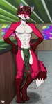 abs bar blue_ears bottomwear clothing human_hair loincloth male muscular muscular_male red_body smile solo tail yellow_eyes eldiman holly_(ortiz) canid canine fox mammal red_fox true_fox 1:2 absurd_res hi_res