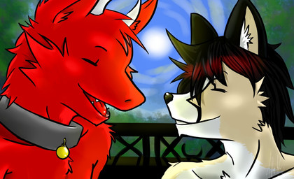 anthro black_hair black_nose collar day duo eyes_closed fur hair horn inner_ear_fluff male nude open_mouth open_smile outside railing red_body red_fur short_hair sky smile sun tuft white_body white_fur bastriw mammal 2015