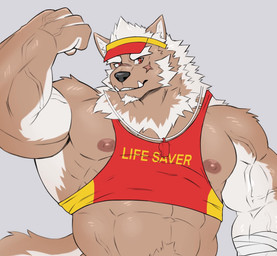 abs anthro biceps clothing crop_top eyebrows flexing forearm_muscles grey_background hat headgear headwear male muscular muscular_anthro muscular_male navel nipples pecs scar shirt simple_background solo thick_eyebrows topwear vein veiny_muscles visor_cap znone55 lifewonders tokyo_afterschool_summoners marchosias_(tas) canid canine canis mammal wolf hi_res