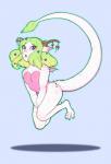 anthro blue_eyes breasts claws feet female flower freckles green_hair hair hindpaw horn levitating long_hair looking_at_viewer non-mammal_breasts nude open_mouth paws pink_body pink_skin plant solo spikes tail tail_tuft tuft white_body white_skin wings redrabbu mythology dragon mythological_creature mythological_scalie scalie 2016 hi_res