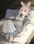 4_toes alternative_fashion anthro bed biped black_eyes blush classic_lolita clothed clothing eyebrow_through_hair eyebrows feet female furniture hair j-fashion lolita_(fashion) looking_at_viewer lying solo toes translucent translucent_hair white_hair sakutake lagomorph leporid mammal rabbit hi_res