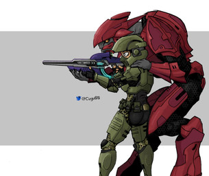 aiming_weapon carbine digitigrade duo female full_armor grey_body grey_eyes hand_on_another's_shoulder hand_on_shoulder holding_object holding_ranged_weapon holding_weapon larger_humanoid larger_male leaning leaning_forward looking_at_another male mandibles marines pupils ranged_weapon simple_background size_difference slit_pupils smaller_female smaller_human standing standing_behind weapon yellow_eyes cugu00 halo_(series) microsoft xbox_game_studios alien human humanoid mammal sangheili colored hi_res