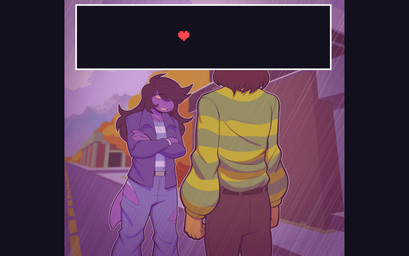 ambiguous_gender ambiguous_human anthro belt bottomwear brown_hair building clothed clothed_ambiguous clothed_anthro clothed_female clothed_human clothing crossed_arms denim denim_bottomwear denim_clothing detailed_background duo eye_through_hair eyebrow_through_hair eyebrows faceless_character faceless_human female female_anthro freckles green_clothing green_topwear hair heart_symbol jeans looking_at_another outside pants pattern_clothing pattern_shirt pattern_sweater pattern_topwear plant purple_body purple_clothing purple_tail purple_topwear raining shirt smile snowgrave street striped_clothing striped_shirt striped_sweater striped_topwear stripes sweater tail topwear torn_bottomwear torn_clothing torn_jeans torn_pants translucent translucent_hair tree yellow_clothing yellow_topwear conditional_dnp welwraith deltarune undertale_(series) kris_dreemurr susie_(deltarune) human mammal monster scalie 2025 digital_drawing_(artwork) digital_media_(artwork) hi_res pillarbox