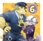 anthro bandage belt clothing cuff_(restraint) duo fur grey_body grey_fur grin hair handcuffs male metal_cuffs pawpads police police_hat police_officer police_uniform restraints smile uniform white_hair yellow_body yellow_fur kinoshita-jiroh lifewonders tokyo_afterschool_summoners nobumichi_(tas) yoshito_(tas) canid canine canis domestic_dog mammal