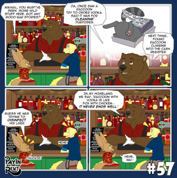 anthro bar dialogue humor male sitting speech_bubble standing tail text ariesartist ben_(ariesartist) mikhail_(ariesartist) roger_(ariesartist) bear bird_dog canid canine canis domestic_dog fennec_fox fox hunting_dog labrador mammal procyonid raccoon retriever true_fox ursine absurd_res alpha_channel comic english_text hi_res