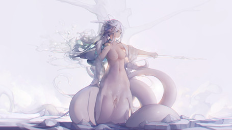 animal_genitalia barely_visible_nipples blue_eyes breasts cloaca detailed_background ear_fins female fin genitals hair long_body melee_weapon mostly_nude navel nipples plant polearm realistic solo spear split_form tree weapon white_hair hoo_(artist) aquatic humanoid_merfolk merfolk absurd_res hi_res