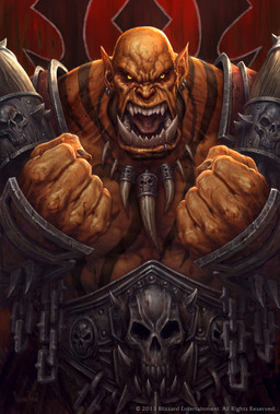 fangs humanoid_pointy_ears male muscular muscular_humanoid muscular_male pointy_ears skull_accessory solo tattoo teeth text tongue yellow_eyes glenn_rane blizzard_entertainment warcraft garrosh_hellscream humanoid orc english_text hi_res official_art