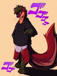 anthro black_clothing black_hoodie black_topwear briefs bulge clothing drawyourfursona hoodie hoodie/briefs_meme male simple_background solo standing topwear underwear white_clothing white_underwear mrjimmydafloof jojo's_bizarre_adventure meme_clothing mammal mustelid otter 3:4 hi_res meme