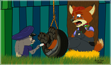 4_toes anthro barefoot black_nose black_pawpads blue_clothing blue_eyes blue_hat blue_headwear bodily_fluids brown_body brown_fur closed_smile clothed clothed_anthro clothed_female clothed_male clothing crying duo eyebrows feet female foot_fetish frown fur grass grey_body grey_fur hair hat hay headgear headwear holding_feather holding_object looking_at_another male motion_lines mouth_closed multicolored_body multicolored_fur open_frown open_mouth orange_body orange_fur overalls pawpads paws plant red_eyebrows red_hair red_tongue restrained scut_tail short_tail sitting smile tail tan_body tan_fur tan_inner_ear tears teeth tickle_fetish tickle_torture tickling tickling_feet tire tire_swing toes tongue whiskers young young_anthro young_female wanderer1988 disney zootopia gideon_grey judy_hopps canid canine fox lagomorph leporid mammal rabbit red_fox true_fox 2016 absurd_res hi_res